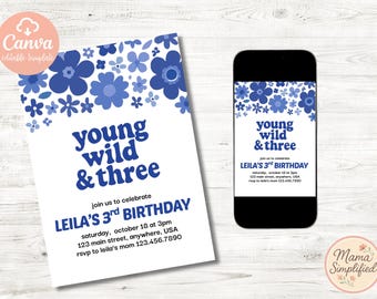 Young, Wild & Three Third Birthday Invite | Digital Download | Editable Template