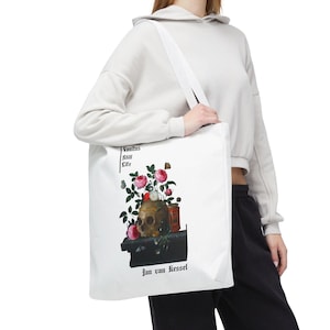 Bolso de mano blanco con diseño de bodegón Vanitas de Jan Van Kessel, estilo bohemio, bolso de lona floral, regalo para amantes del arte.