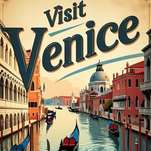 Set di poster da viaggio vintage Visit Venice - Stampa artistica da parete retrò di Venezia con paesaggio urbano in gondola italiano, download digitale, poster stampabile, arredamento Italia