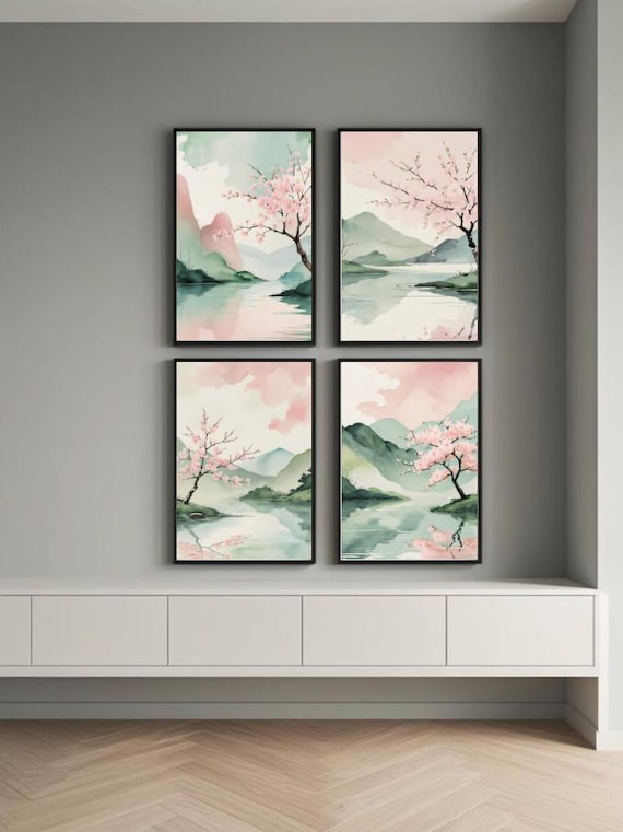 Sakura Wall Art Set of 4: Japanese Cherry Blossom Prints (16x20