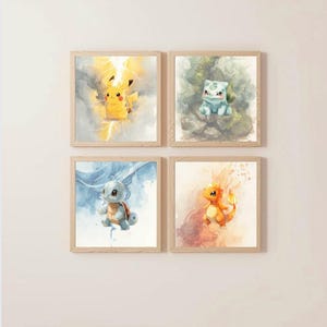 May include: Four framed watercolor prints featuring popular characters. The prints showcase Pikachu, Bulbasaur, Squirtle, and Charmander, each set against a colorful, abstract background. The frames are a light wood color.