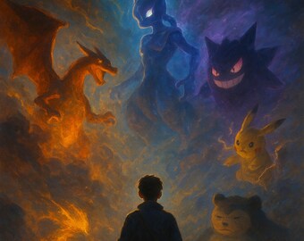 Epic pocket monsters Fantasy Creature Art Print Set: Mystical Elemental Battle (16x20" PNG)