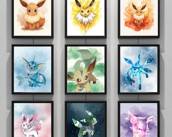 Nieuwe set van 4 digitale aquarelposters van Eevee en de Eeveelutions. Kinderkamerdecoratie voor jongens en meisjes, fotodecoratie, verjaardagscadeau.