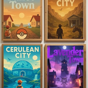 May include: Four framed art prints featuring stylized landscapes with the text "Pallet Town", "Pewter City", "Cerulean City", and "Lavender Town". Each print has a wooden frame and depicts a different scene with characters and elements from a popular video game.