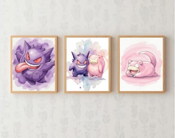 ピカチュウ、フシギダネ、ヒトカゲ、ゼニガメのデジタル水彩ポスター4