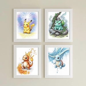 Vintage stijl Pokemon muurkunst set, gedetailleerde Pikachu Charmander Squirtle Bulbasaur prints, etsen kleur kunst, afdrukbaar