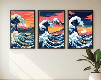 Japanese Wave Art Print Set: Ukiyo-e Mount Fuji, Ocean (16x20 Digital Download