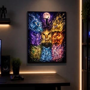 Puede incluir: Una impresión de arte mural rectangular que presenta a un Eevee central rodeado por sus diversas evoluciones, incluyendo Vaporeon, Jolteon, Flareon, Espeon, Umbreon, Leafeon, Glaceon y Sylveon, todos representados con vibrantes efectos de energía elemental.