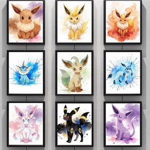 Könnte beinhalten: Ein Set aus neun quadratischen Wandbildern mit Aquarellillustrationen verschiedener fiktiver Kreaturen. Jeder Druck zeigt eine eigene Figur in einzigartigen Farben, darunter Braun, Gelb, Orange, Blau, Grün, Rosa, Schwarz und Violett.
