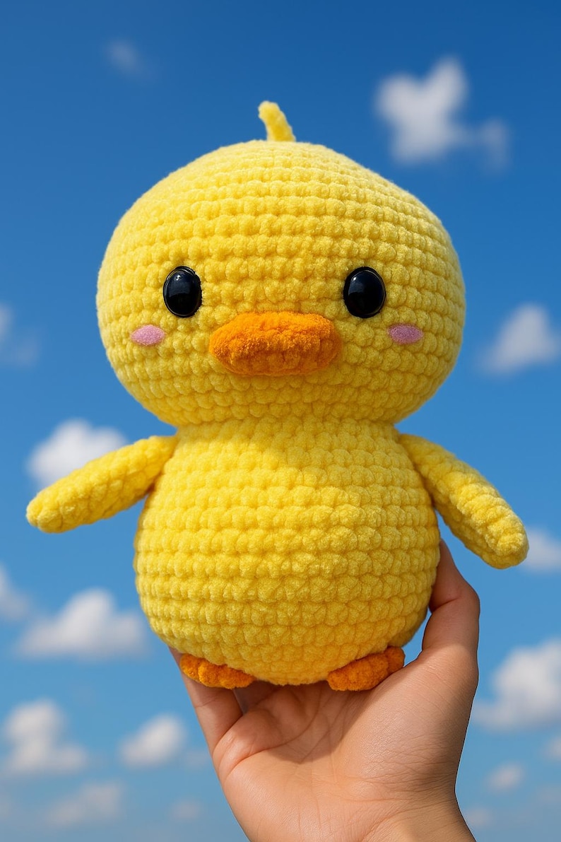 May include: A handmade, yellow crochet duckling with black eyes, an orange beak, and small pink cheeks. The duckling has small wings and feet. The background is a bright blue sky with fluffy white clouds.