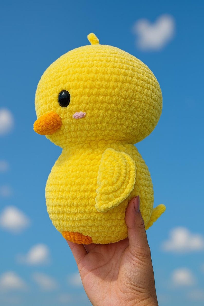 May include: A handmade, yellow crochet chick with an orange beak and feet, and a small pink cheek. The chick has a round body and head, and small wings. The background is a bright blue sky with white clouds.