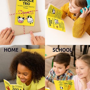 Op de afbeelding: Een cadeau verpakt met een gele kaart met de tekst "Giggle Trio" en koe-illustraties. De afbeelding toont ook kinderen die het boek in verschillende omgevingen lezen, met de tekst "10 drietalige grappen".