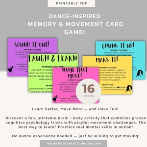 May include: A printable PDF game with dance-inspired memory and movement cards. The cards are in various colors, including purple, green, and yellow, with movement challenges and memory hacks. The game includes 16 cards.