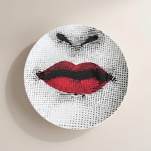 Pop Art Red Lips Ceramic Plate, Black White Portrait Wall Decor