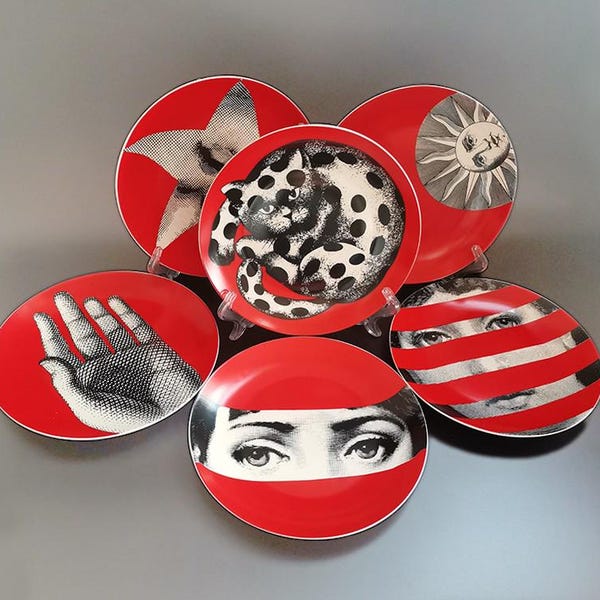 Red Pop Art Decorative Plates Collection, Modern Portrait Decor Series, Contemporary Graphic Face Designs