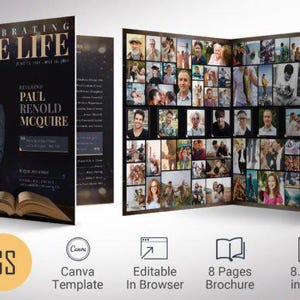 Könnte beinhalten: Broschüre "Celebrating The Life" mit einer Collage von Fotos. Das Cover zeigt einen Mann und den Text "Paul Renold McGuire". Die Broschüre ist 8,5x11 Zoll groß und hat 8 Seiten. Die Vorlage ist im Browser bearbeitbar.