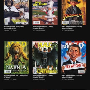 May include: A collection of MAD Magazine covers, featuring various illustrations and caricatures. The covers showcase different themes, including superheroes, movie parodies, and political satire. The magazines are from 2008.