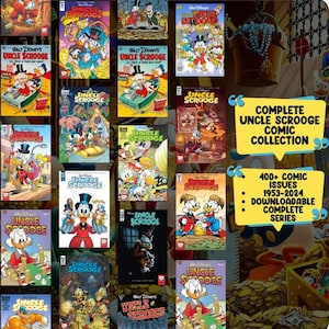 Puede incluir: Una colección de cómics vintage de "Tío Gilito", con varias portadas con el Tío Gilito y otros personajes de Disney. La imagen incluye el texto "Complete Uncle Scrooge Comic Collection" y "400+ Comic Issues 1953-2024".