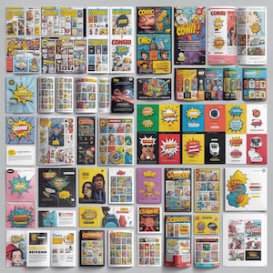 May include: A collection of comic books and related merchandise, featuring vibrant colors and dynamic illustrations. The assortment includes various comic book covers, posters, and promotional materials, showcasing diverse characters and styles.