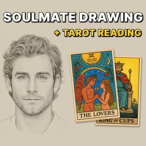 May include: Illustration of a man's face next to two tarot cards. The cards are labeled "The Lovers" and "King of Cups." The text "SOULMATE DRAWING + TAROT READING" is at the top of the image.