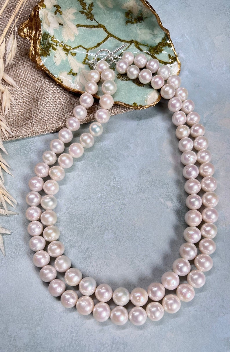 Collar de perlas de marfil Collar de perlas Edison de doble hebra, collar de perlas reales, perlas de agua dulce imagen 4