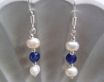 Sodalite and Pearl Earrings - Freshwater Pearl Earrings, pretty and delicate earrings, Blue Earrings, Gemstone Earrings, Tiny Earrings