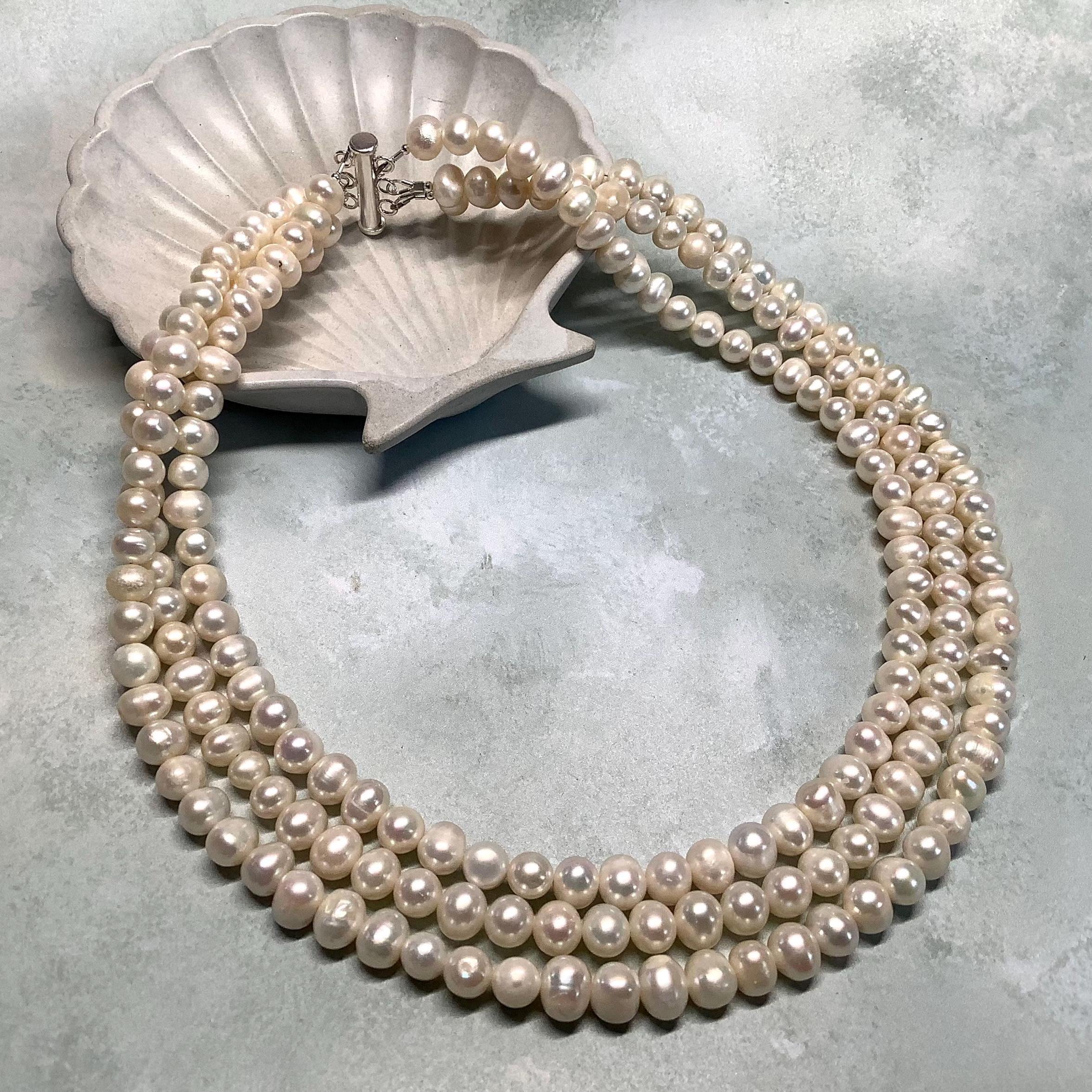 Ivory Freshwater Pearl Necklace - Sterling Silver Clasp, Tripple 