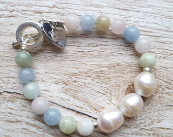 Morganite Bracelet - Gift for a loved one, Pastel Bracelet,  Gemstone Bracelet,  Bracelet Gift, Beryl Jewellery, Freshwater Pearls