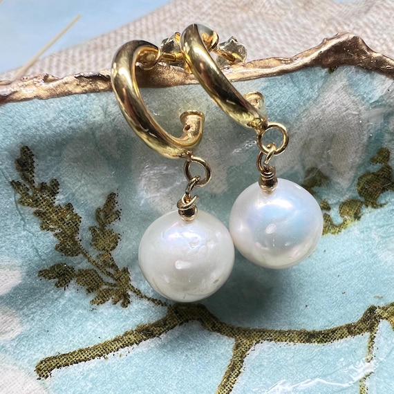 Ivory Pearl Huggie Earrings Baroque Ivory Pearls, Large Drop