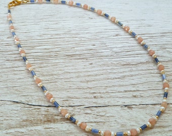 Sodalite, Peach Agate and Pearl Necklace - Freshwater Pearl Necklace, Delicate Necklace, Blue Necklace, Gemstone Necklace, Tiny Necklace