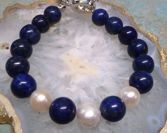 Lapis Bracelet | Ivory Fresh Water Pearl | Lapis and Pearl Bracelet | Blue Bracelet |Gemstone Bracelet UK made.