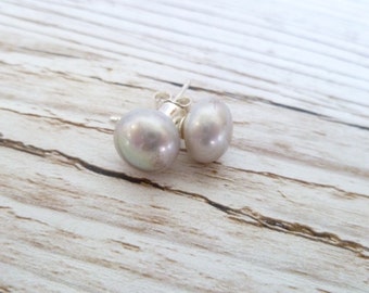 Pearl stud earrings 8mm, grey silver fresh water pearls and 925 sterling silver UK made
