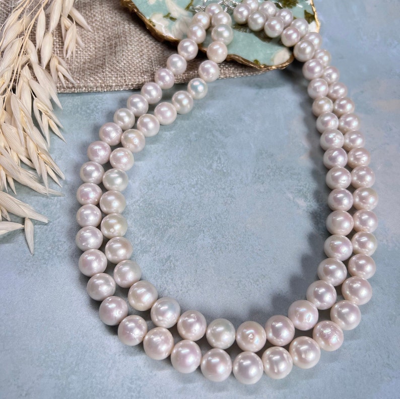 Collar de perlas de marfil Collar de perlas Edison de doble hebra, collar de perlas reales, perlas de agua dulce imagen 1