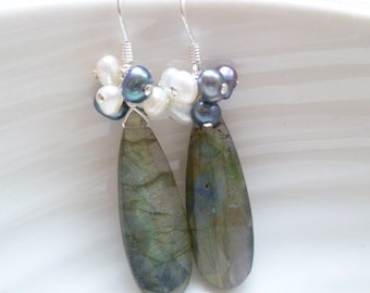 Labradorite Earrings | Grey Earrings | Pearl Earrings | sterling silver drop earrings UK made
