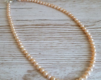 Peach Pink Pearl Necklace - Bridal Necklace, Timeless Necklace, Freshwater Pearls, Nickel-Free Jewellery, UK Jewellery