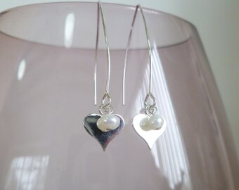 Silver Heart Dangle Earrings - Pearl Heart Earrings, Romantic Earrings, Dangle Heart Earrings, Pearl Jewellery, Gift for Girlfriend