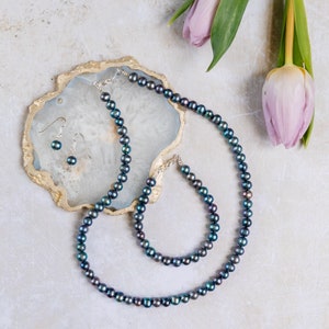 Blue Beaded Necklace - Peacock Pearl Necklace, Long Necklace Pearl. Valentines Necklace, Good Luck Gift, Everyday Necklace