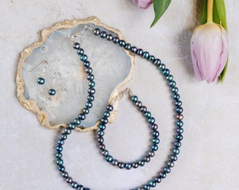 Blue Beaded Necklace - Peacock Pearl Necklace, Long Necklace Pearl. Valentines Necklace, Good Luck Gift, Everyday Necklace
