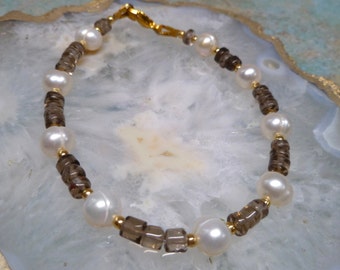 Fresh Water Pearls and Smokey Quartz Bracelet UK Made