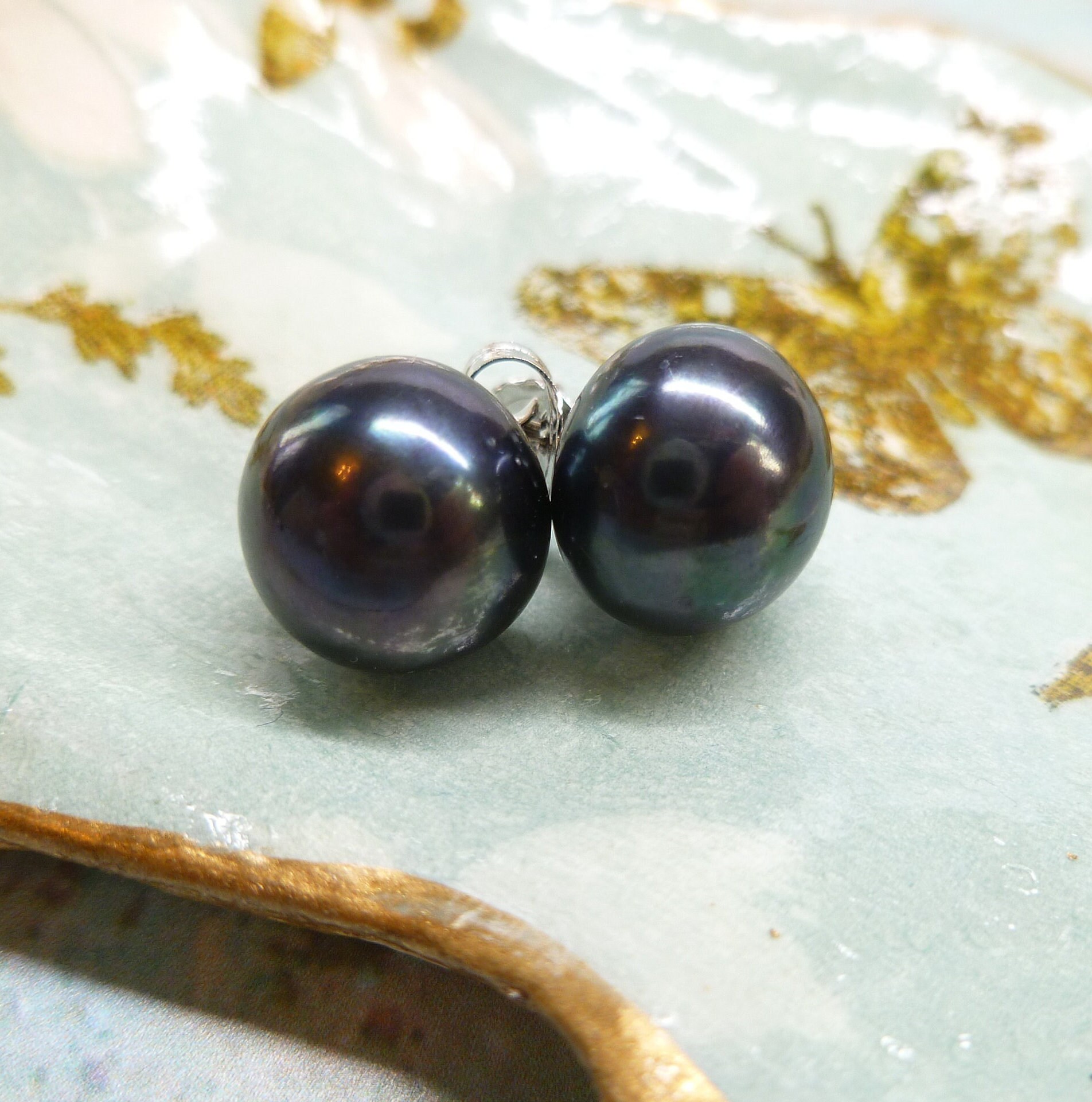 Pearl stud earrings | 10mm  Large Pearl studs | Peacock Blue Freshwater Pearls and 925 sterling silver UK Made