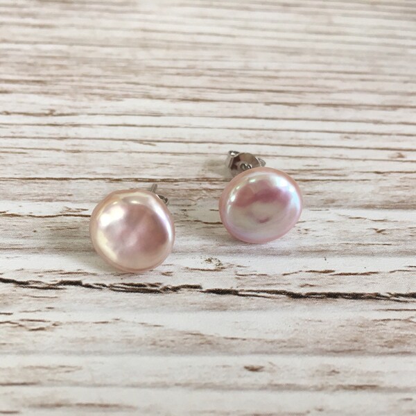 Pearl Stud Earrings | Pink Coin Pearl Earrings | Large Pearl Earrings | Pink freshwater coin pearls and 925 sterling silver NEW