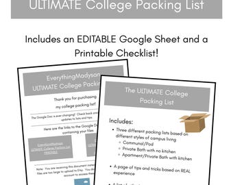 College Packing List: Dorm Essentials Checklist, Editable Google Sheet (Printable PDF Download