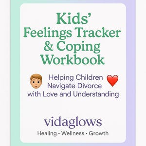 Può includere: Un quaderno di lavoro intitolato "Kids' Feelings Tracker & Coping Workbook" con un bordo verde e viola. La copertina include un testo su come aiutare i bambini ad affrontare il divorzio con amore e comprensione. È visibile anche il marchio "vidaglows".