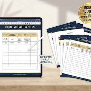 May include: A digital tablet displaying a Court Evidence Tracker template with a stylus, alongside a stack of printed paper versions of the same tracker and a gold circular badge stating Bonus Included: Attorney Consultation Checklist.