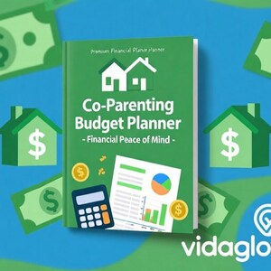 Peut inclure: Un livre vert "Co-Parenting Budget Planner" avec le texte "Financial Peace of Mind". L'image comprend des illustrations de maisons avec des symboles de dollars, des billets de banque, des pièces, une calculatrice et un graphique. Le fond est bleu.