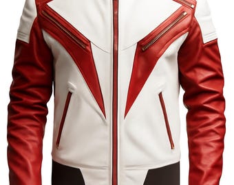 Chaqueta de moto de piel de oveja roja y blanca para hombre / Abrigo deportivo de motociclista