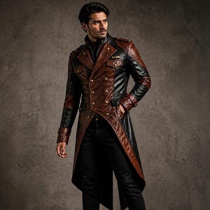 May include: A brown and black leather coat with a double-breasted design. The coat features gold-colored buttons, epaulets, and a high collar. The coat has a long, tailored fit and is worn with black pants and boots.