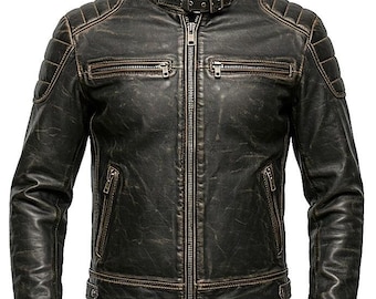 Distressed Leather Biker Jacket: Men's Vintage Motorcycle Cafe Racer