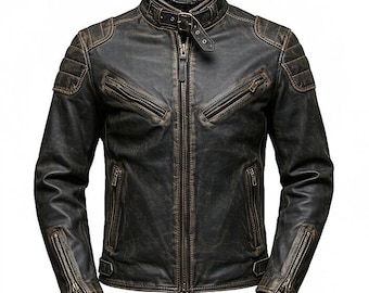 Men's Distressed Leather Cafe Racer Jacket  Vintage Biker Style