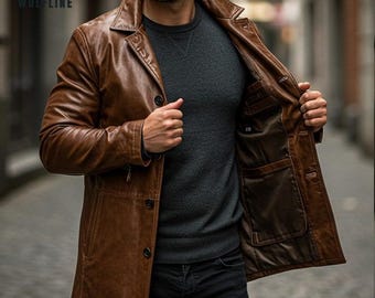 Men's Genuine Leather Trench Coat: Classic Brown Outerwear